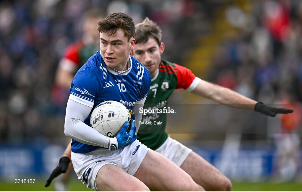 4 January 2026; Max Maguire of Scotstown in action against Paul McGrath of St Brigid's during the AIB GAA Football All-Ireland Senior Club Championship semi-final match between between St Brigid's of Roscommon and Scotstown of Monaghan at Kingspan Breffni in Cavan. Photo by Seb Daly/Sportsfile