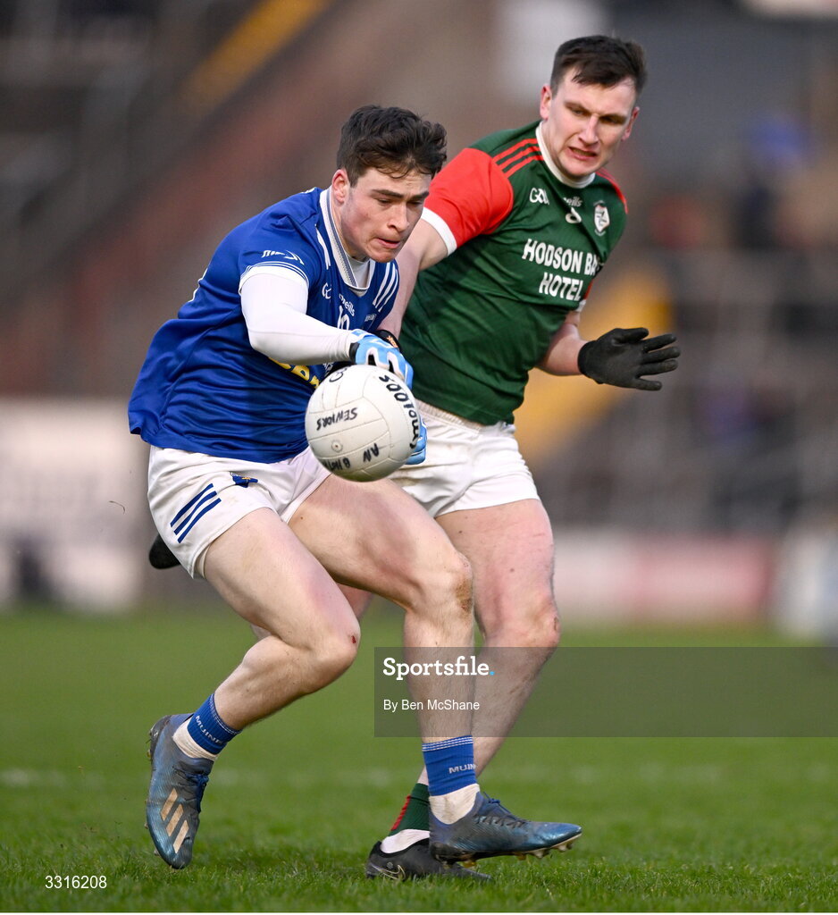 4 January 2026; Max Maguire of Scotstown in action against Shane Cunnane of St Brigid's during the AIB GAA Football All-Ireland Senior Club Championship semi-final match between between St Brigid's of Roscommon and Scotstown of Monaghan at Kingspan Breffni in Cavan. Photo by Ben McShane/Sportsfile