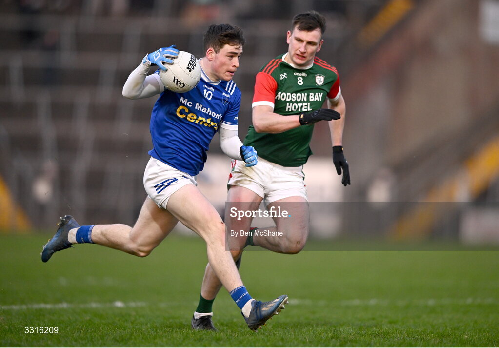 4 January 2026; Max Maguire of Scotstown in action against Shane Cunnane of St Brigid's during the AIB GAA Football All-Ireland Senior Club Championship semi-final match between between St Brigid's of Roscommon and Scotstown of Monaghan at Kingspan Breffni in Cavan. Photo by Ben McShane/Sportsfile