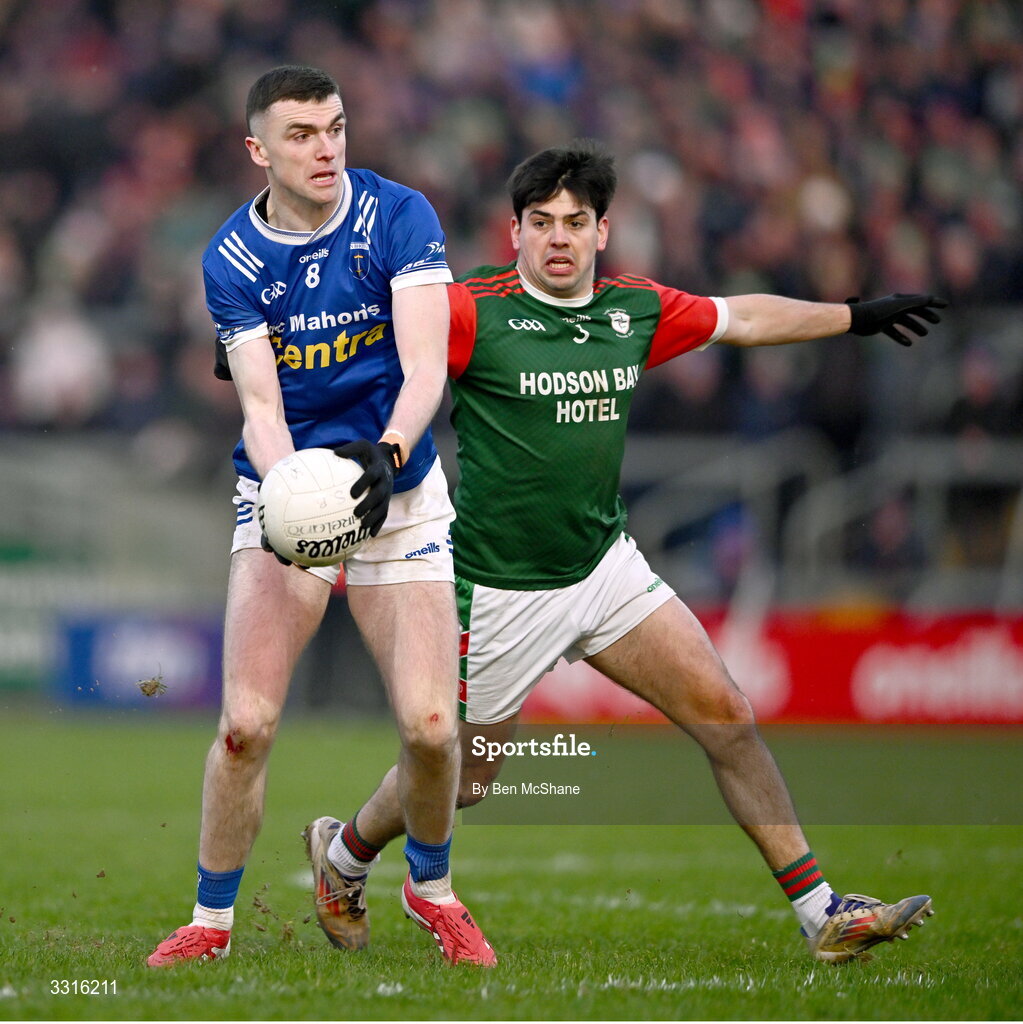 4 January 2026; Mícheál McCarville of Scotstown in action against Seán Trundle of St Brigid's during the AIB GAA Football All-Ireland Senior Club Championship semi-final match between between St Brigid's of Roscommon and Scotstown of Monaghan at Kingspan Breffni in Cavan. Photo by Ben McShane/Sportsfile