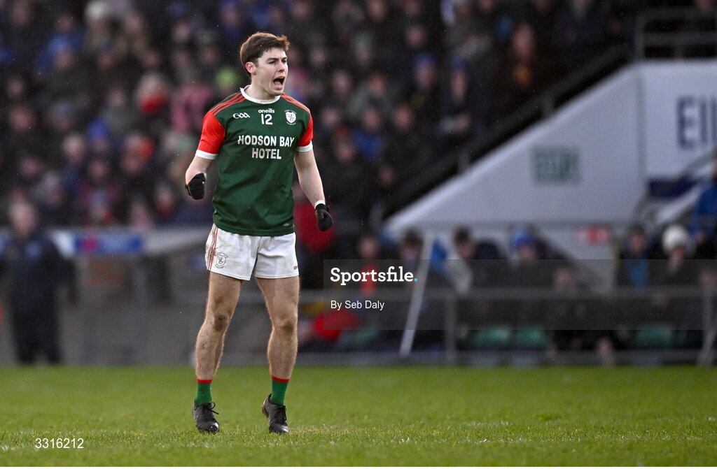 4 January 2026; Bobby Nugent of St Brigid's celebrates after converting a free during the AIB GAA Football All-Ireland Senior Club Championship semi-final match between between St Brigid's of Roscommon and Scotstown of Monaghan at Kingspan Breffni in Cavan. Photo by Seb Daly/Sportsfile