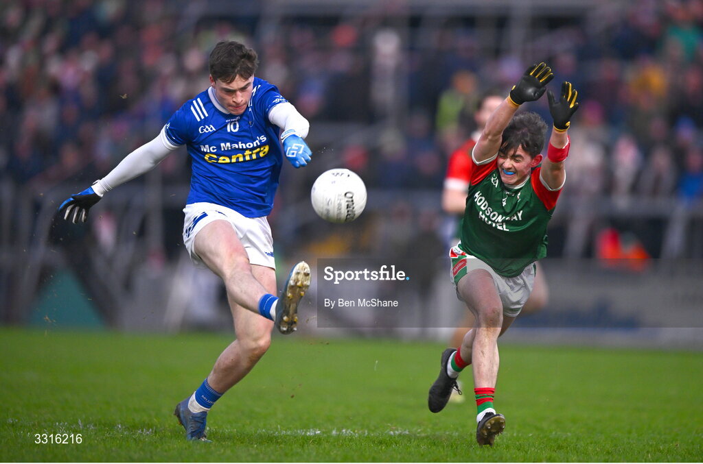 4 January 2026; Max Maguire of Scotstown in action against Robbie Dolan of St Brigid's during the AIB GAA Football All-Ireland Senior Club Championship semi-final match between between St Brigid's of Roscommon and Scotstown of Monaghan at Kingspan Breffni in Cavan. Photo by Ben McShane/Sportsfile