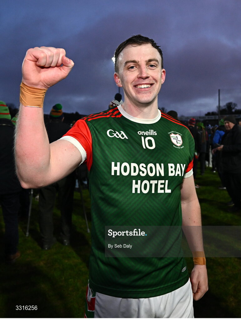 4 January 2026; Ciarán Sugrue of St Brigid's celebrates after his side's victory in the AIB GAA Football All-Ireland Senior Club Championship semi-final match between between St Brigid's of Roscommon and Scotstown of Monaghan at Kingspan Breffni in Cavan. Photo by Seb Daly/Sportsfile