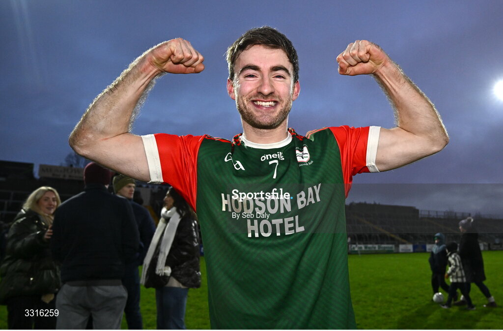 4 January 2026; Paul McGrath of St Brigid's celebrates after his side's victory in the AIB GAA Football All-Ireland Senior Club Championship semi-final match between between St Brigid's of Roscommon and Scotstown of Monaghan at Kingspan Breffni in Cavan. Photo by Seb Daly/Sportsfile