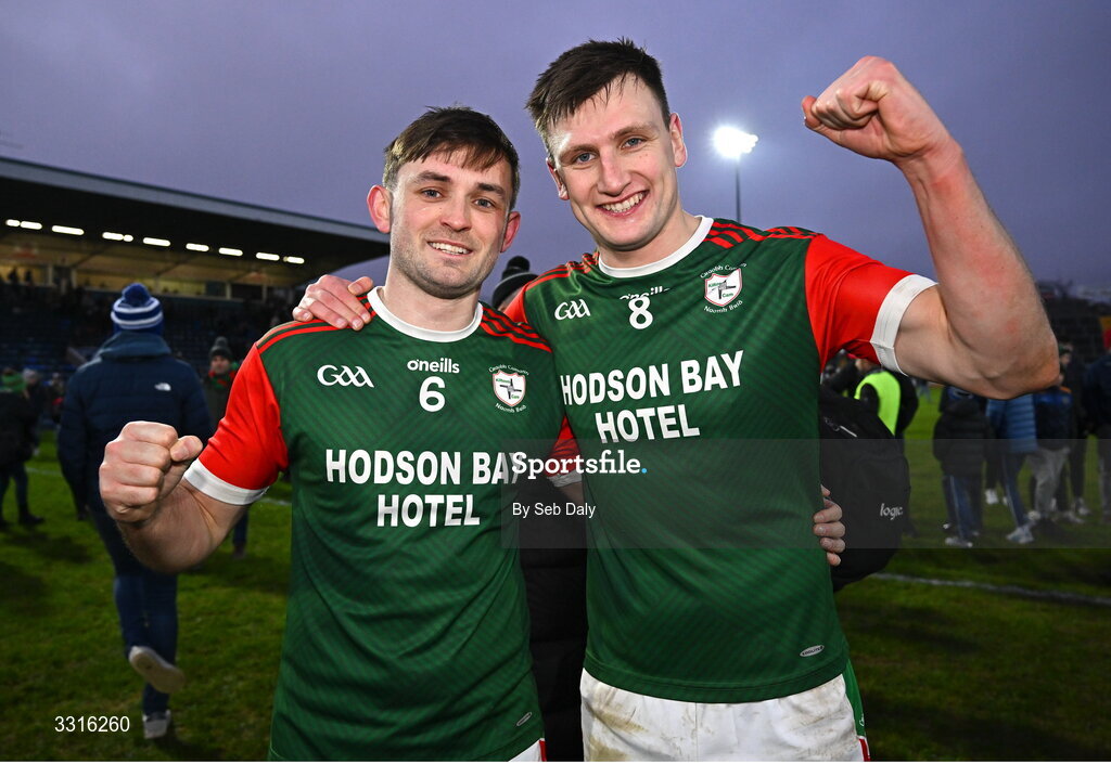 4 January 2026; St Brigid's players Brian Stack, left, and Shane Cunnane celebrate after their side's victory in the AIB GAA Football All-Ireland Senior Club Championship semi-final match between between St Brigid's of Roscommon and Scotstown of Monaghan at Kingspan Breffni in Cavan. Photo by Seb Daly/Sportsfile