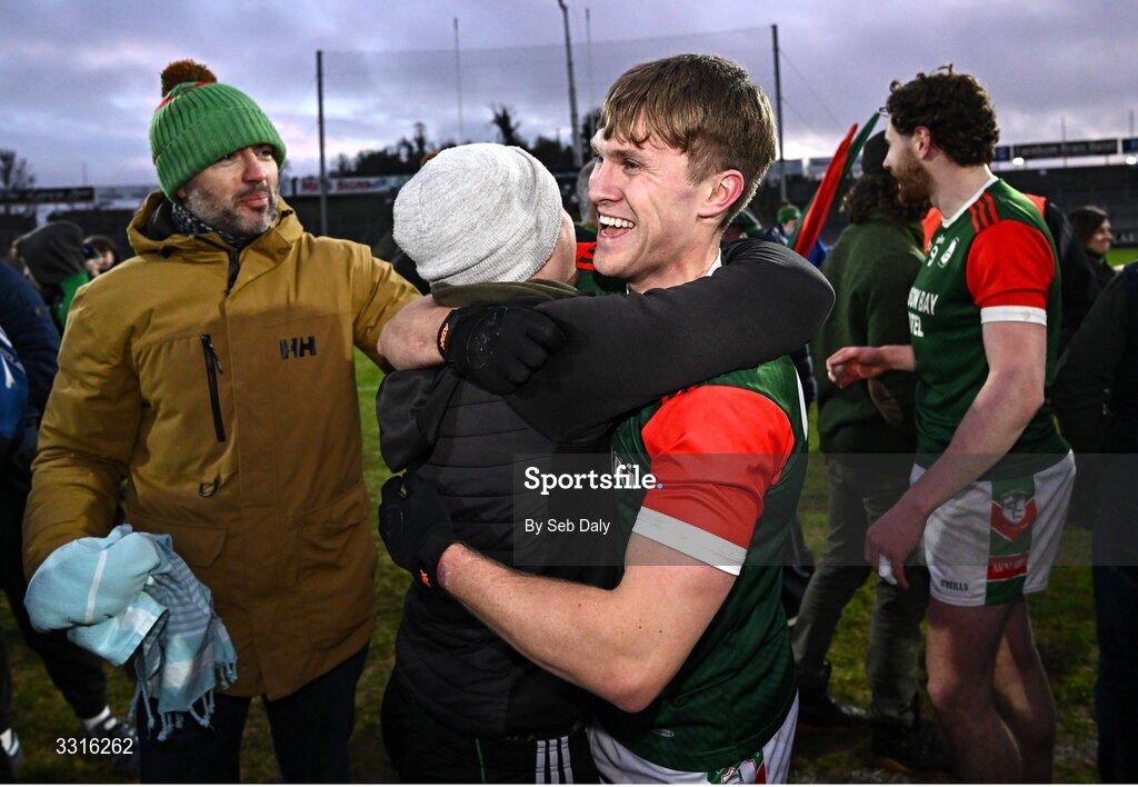 4 January 2026; Pearse Frost of St Brigid's celebrates with supporters after their side's victory in the AIB GAA Football All-Ireland Senior Club Championship semi-final match between between St Brigid's of Roscommon and Scotstown of Monaghan at Kingspan Breffni in Cavan. Photo by Seb Daly/Sportsfile