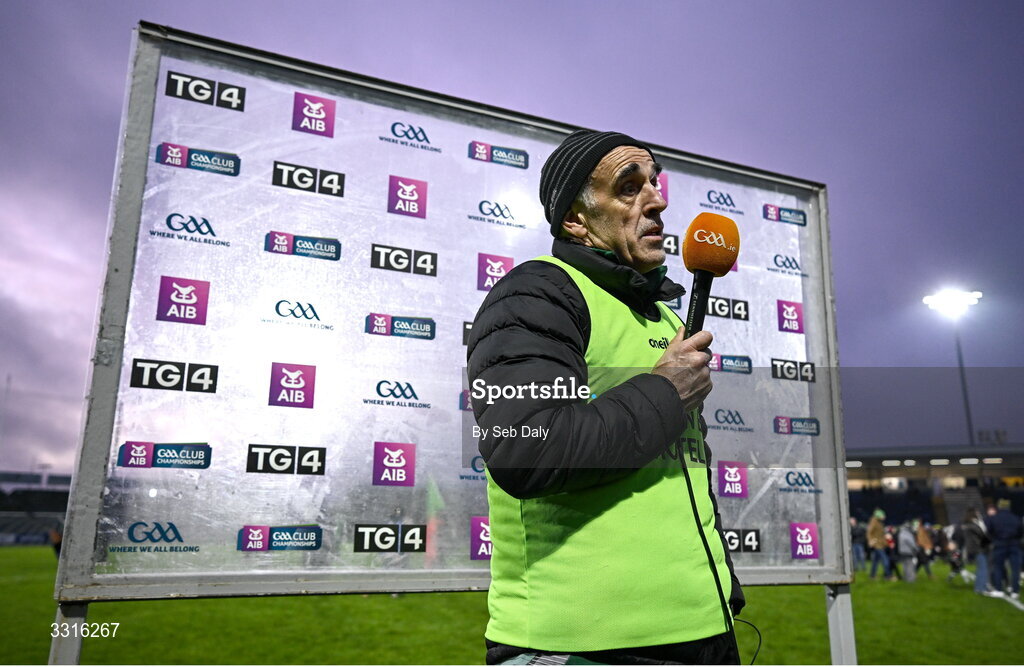 4 January 2026; St Brigid's manager Anthony Cunningham is interviewed after the AIB GAA Football All-Ireland Senior Club Championship semi-final match between between St Brigid's of Roscommon and Scotstown of Monaghan at Kingspan Breffni in Cavan. Photo by Seb Daly/Sportsfile