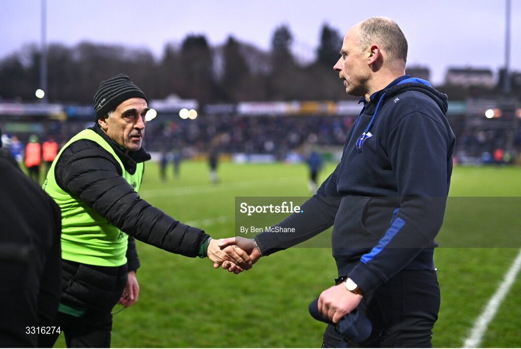 4 January 2026; Scotstown manager David McCague, right, and St Brigid's manager Anthony Cunningham shake hands after the AIB GAA Football All-Ireland Senior Club Championship semi-final match between between St Brigid's of Roscommon and Scotstown of Monaghan at Kingspan Breffni in Cavan. Photo by Ben McShane/Sportsfile