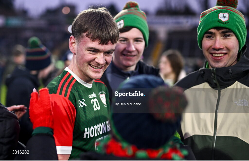 4 January 2026; Charlie O'Carroll of St Brigid's celebrates with supporters after the AIB GAA Football All-Ireland Senior Club Championship semi-final match between between St Brigid's of Roscommon and Scotstown of Monaghan at Kingspan Breffni in Cavan. Photo by Ben McShane/Sportsfile