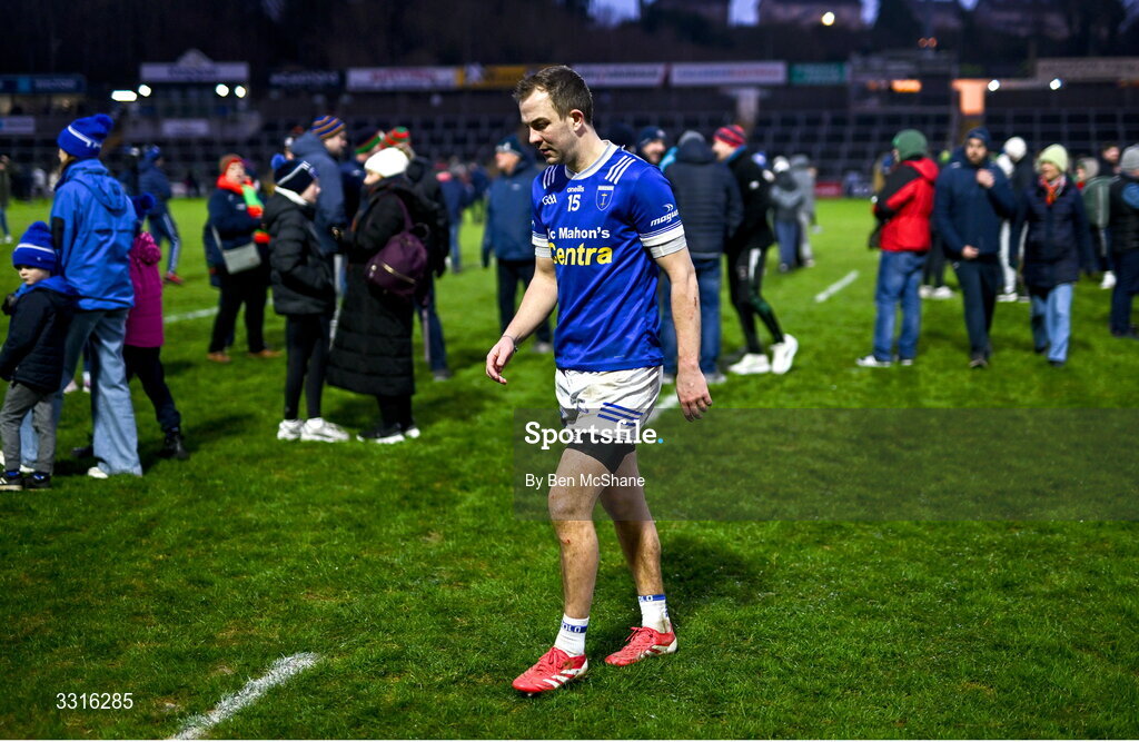 4 January 2026; Jack McCarron of Scotstown makes his way off the pitch after his side's defeat in the AIB GAA Football All-Ireland Senior Club Championship semi-final match between between St Brigid's of Roscommon and Scotstown of Monaghan at Kingspan Breffni in Cavan. Photo by Ben McShane/Sportsfile