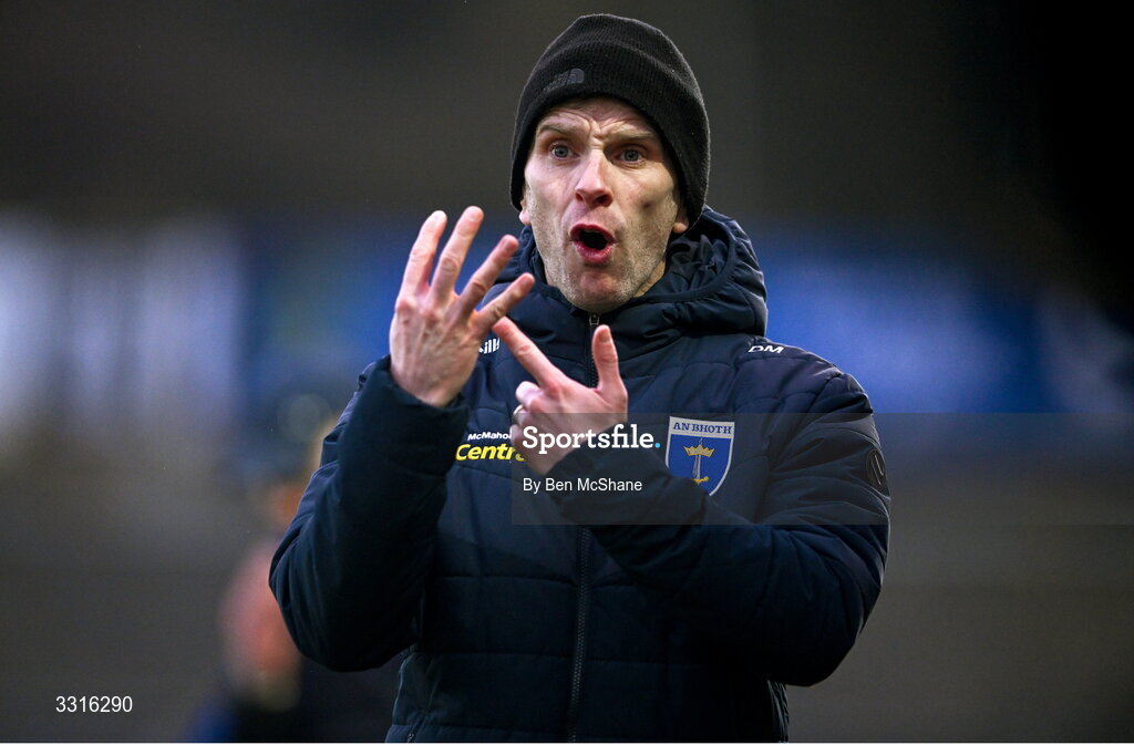 4 January 2026; Scotstown coach Donal Morgan remonstrates after 4 minutes of added time is called during the AIB GAA Football All-Ireland Senior Club Championship semi-final match between between St Brigid's of Roscommon and Scotstown of Monaghan at Kingspan Breffni in Cavan. Photo by Ben McShane/Sportsfile