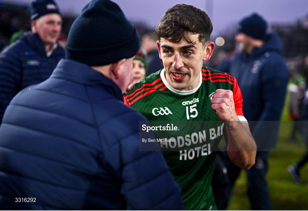 4 January 2026; Brian Derwin of St Brigid's celebrates with supporters after the AIB GAA Football All-Ireland Senior Club Championship semi-final match between between St Brigid's of Roscommon and Scotstown of Monaghan at Kingspan Breffni in Cavan. Photo by Ben McShane/Sportsfile