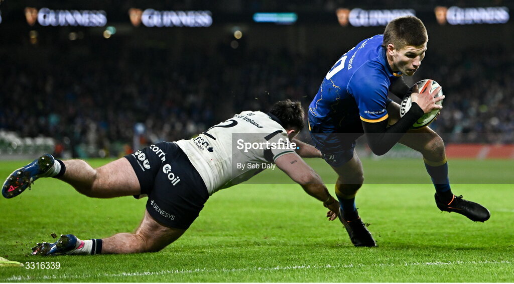 3 January 2026; Sam Prendergast of Leinster scores his side's third try during the United Rugby Championship match between Leinster and Connacht at the Aviva Stadium in Dublin. Photo by Seb Daly/Sportsfile