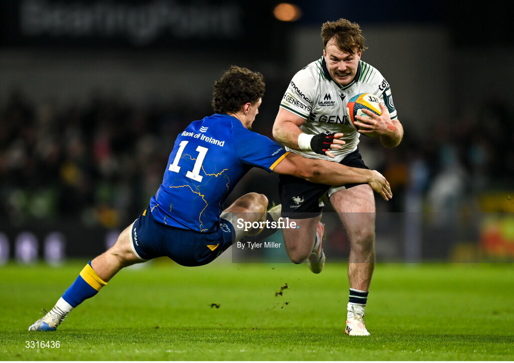 3 January 2026; David Hawkshaw of Connacht is tackled by Joshua Kenny of Leinster during the United Rugby Championship match between Leinster and Connacht at the Aviva Stadium in Dublin. Photo by Tyler Miller/Sportsfile