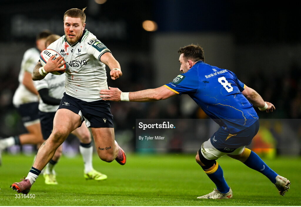 3 January 2026; Sean Jansen of Connacht in action against Jack Conan of Leinster during the United Rugby Championship match between Leinster and Connacht at the Aviva Stadium in Dublin. Photo by Tyler Miller/Sportsfile
