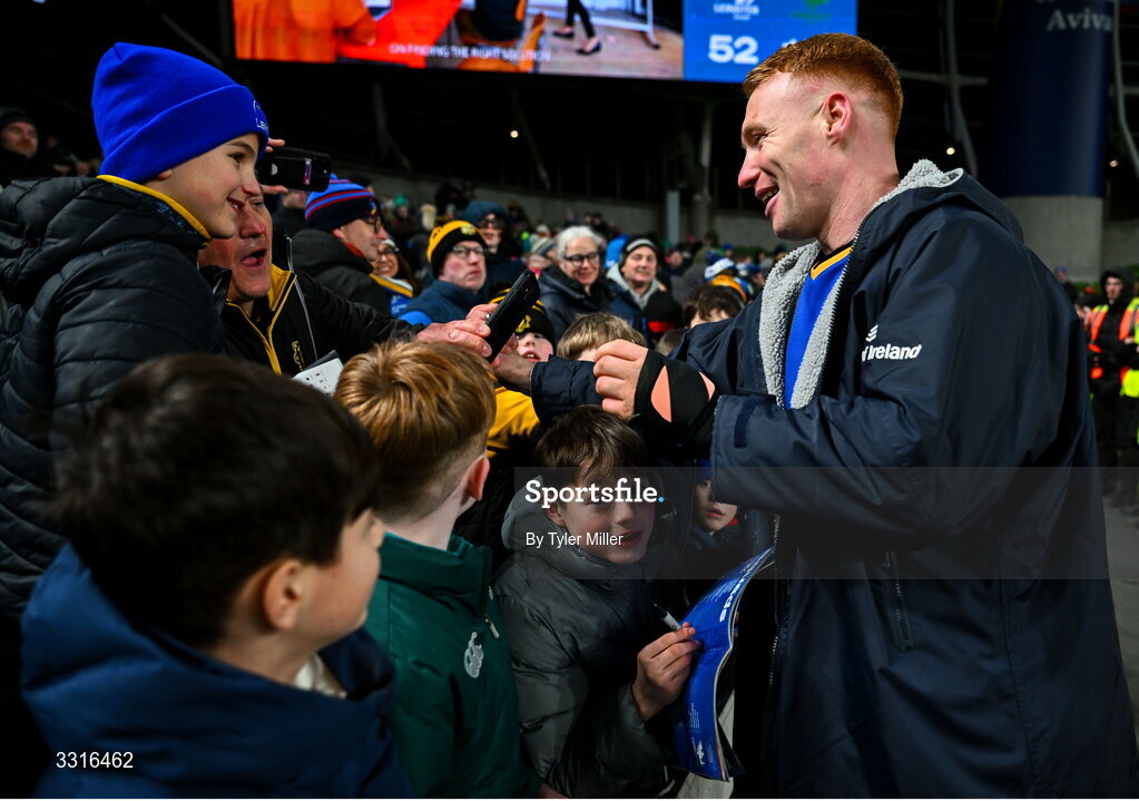 3 January 2026; Ciarán Frawley of Leinster with supporters after the United Rugby Championship match between Leinster and Connacht at the Aviva Stadium in Dublin. Photo by Tyler Miller/Sportsfile