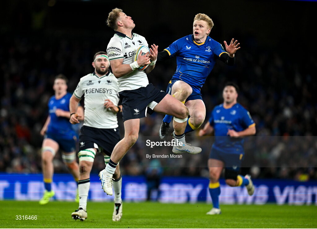 3 January 2026; Sam Gilbert of Connacht in action against Tommy O'Brien of Leinster during the United Rugby Championship match between Leinster and Connacht at Aviva Stadium in Dublin. Photo by Brendan Moran/Sportsfile