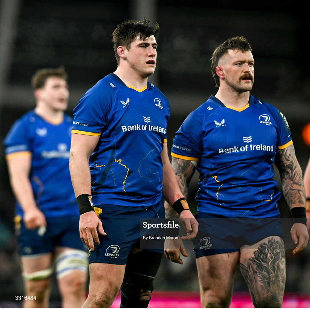 3 January 2026; Dan Sheehan, left, and Andrew Porter of Leinster during the United Rugby Championship match between Leinster and Connacht at Aviva Stadium in Dublin. Photo by Brendan Moran/Sportsfile