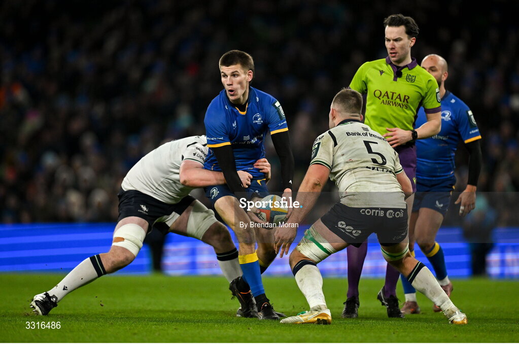 3 January 2026; Sam Prendergast of Leinster is tackled by Darragh Murray and David O’Connor of Connacht during the United Rugby Championship match between Leinster and Connacht at Aviva Stadium in Dublin. Photo by Brendan Moran/Sportsfile