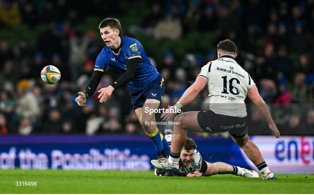 3 January 2026; Sam Prendergast of Leinster during the United Rugby Championship match between Leinster and Connacht at Aviva Stadium in Dublin. Photo by Brendan Moran/Sportsfile