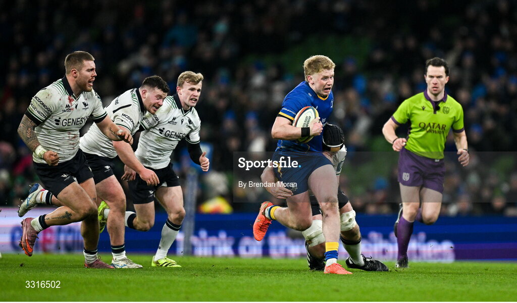 3 January 2026; Andrew Osborne of Leinster is tackled by Darragh Murray of Connacht during the United Rugby Championship match between Leinster and Connacht at Aviva Stadium in Dublin. Photo by Brendan Moran/Sportsfile