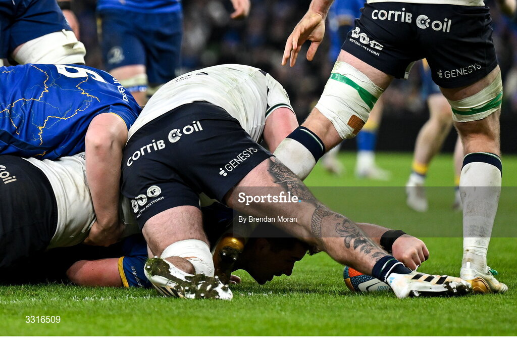 3 January 2026; Brian Deeny of Leinster, hidden, scores a try during the United Rugby Championship match between Leinster and Connacht at Aviva Stadium in Dublin. Photo by Brendan Moran/Sportsfile