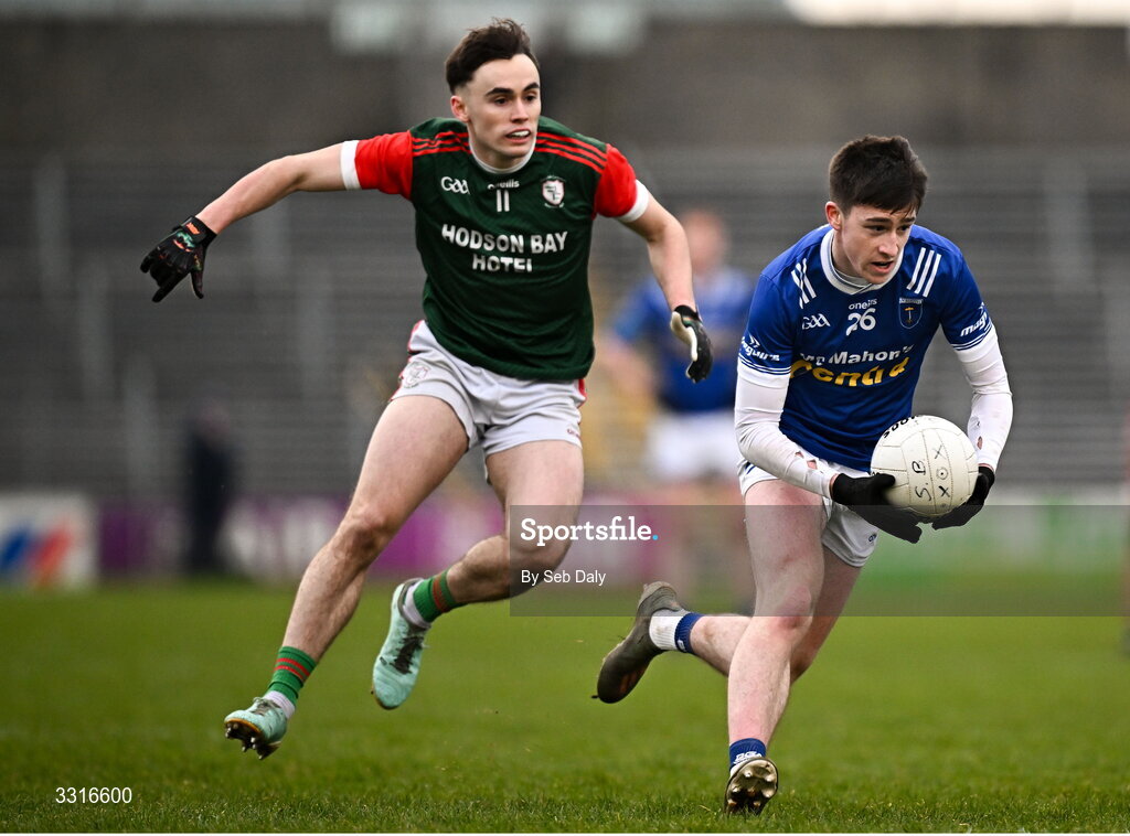 4 January 2026; Nicky Sherlock of Scotstown in action against Conor Hand of St Brigid's during the AIB GAA Football All-Ireland Senior Club Championship semi-final match between between St Brigid's of Roscommon and Scotstown of Monaghan at Kingspan Breffni in Cavan. Photo by Seb Daly/Sportsfile
