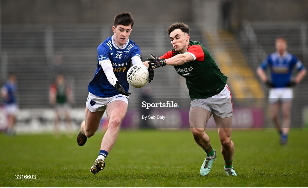 4 January 2026; Nicky Sherlock of Scotstown in action against Conor Hand of St Brigid's during the AIB GAA Football All-Ireland Senior Club Championship semi-final match between between St Brigid's of Roscommon and Scotstown of Monaghan at Kingspan Breffni in Cavan. Photo by Seb Daly/Sportsfile