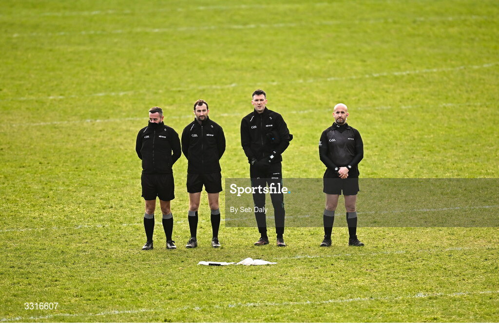 4 January 2026; Match officials, from left, line umpires David Gough and Paul Faloon, sideline official Eoin Morrissey, and referee Brendan Cawley before the AIB GAA Football All-Ireland Senior Club Championship semi-final match between between St Brigid's of Roscommon and Scotstown of Monaghan at Kingspan Breffni in Cavan. Photo by Seb Daly/Sportsfile