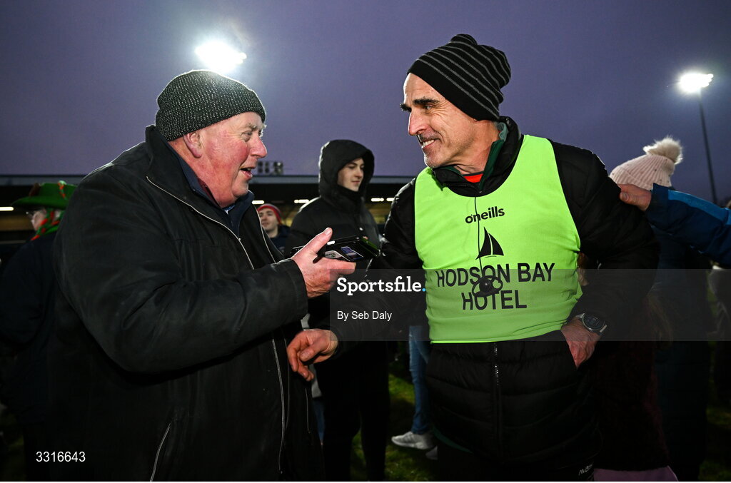 4 January 2026; St Brigid's manager Anthony Cunningham, right, is interviewed by journalist Seamus Duke of the Roscommon People after the AIB GAA Football All-Ireland Senior Club Championship semi-final match between between St Brigid's of Roscommon and Scotstown of Monaghan at Kingspan Breffni in Cavan. Photo by Seb Daly/Sportsfile