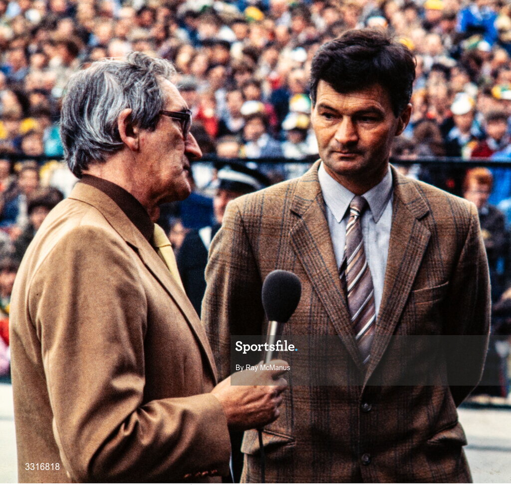 19 September 1982; Former Kerry footballer Mick O'Connell is interviewed by Mick Dunne of RTÉ ahead of the GAA Football All-Ireland Senior Championship Final match between Offaly and Kerry at Croke Park in Dublin. Photo by Ray McManus/Sportsfile