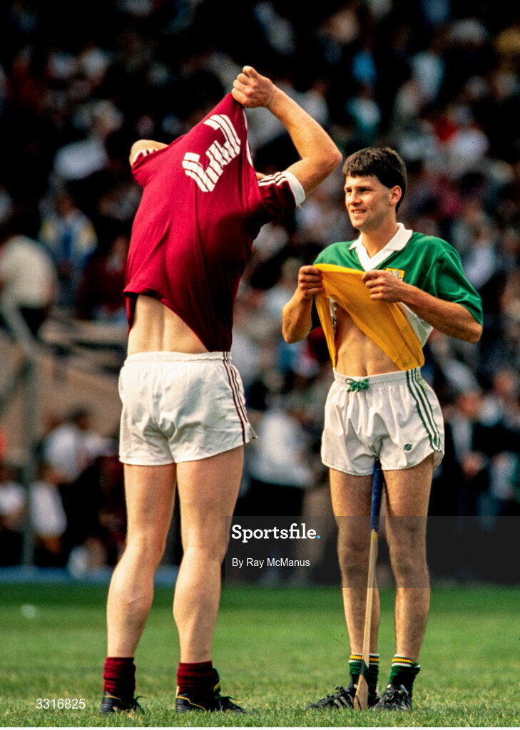 5 August 1990; Sean Treacy of Galway exchanges jerseys with Declan Pilkington of Offaly after the All-Ireland Hurling Championship Semi-Final match between Galway and Offaly at Croke Park in Dublin. Photo by Ray McManus/Sportsfile