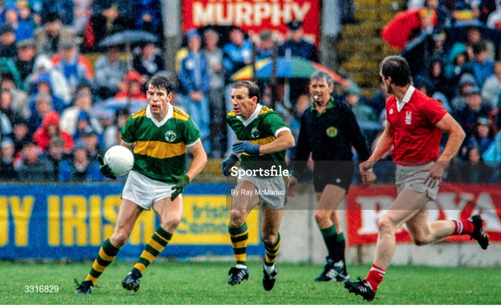 3 July 1988; Dermot Hannafin, left, and Mick Auliffe of Kerry in action during the Munster Senior Football Championship Final match between Cork and Kerry at Páirc Uí Chaoimh in Cork. Photo by Ray McManus/Sportsfile