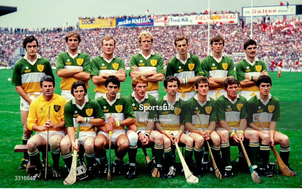 2 September 1984; The Offaly team, back, from left, Pat Fleury, Eugene Coughlan, Joachim Kelly, Pat Delaney, Joe Dooley, Liam Carroll and Aidan Fogarty, with, front, from left, Damien Martin, Mark Corrigan, Tom Conneely, Pat Carroll, Ger Coughlan, Brendan Birmingham, Padraig Horan and Declan Fogarty prior to the All-Ireland Senior Hurling Championship Final between Cork and Offaly at Semple Stadium in Thurles, Tipperary. Photo by Ray McManus/Sportsfile