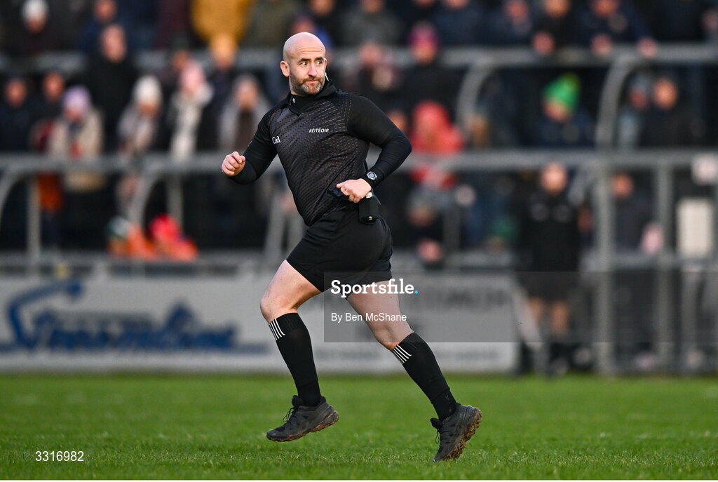 4 January 2026; Referee Brendan Cawley during the AIB GAA Football All-Ireland Senior Club Championship semi-final match between between St Brigid's of Roscommon and Scotstown of Monaghan at Kingspan Breffni in Cavan. Photo by Ben McShane/Sportsfile
