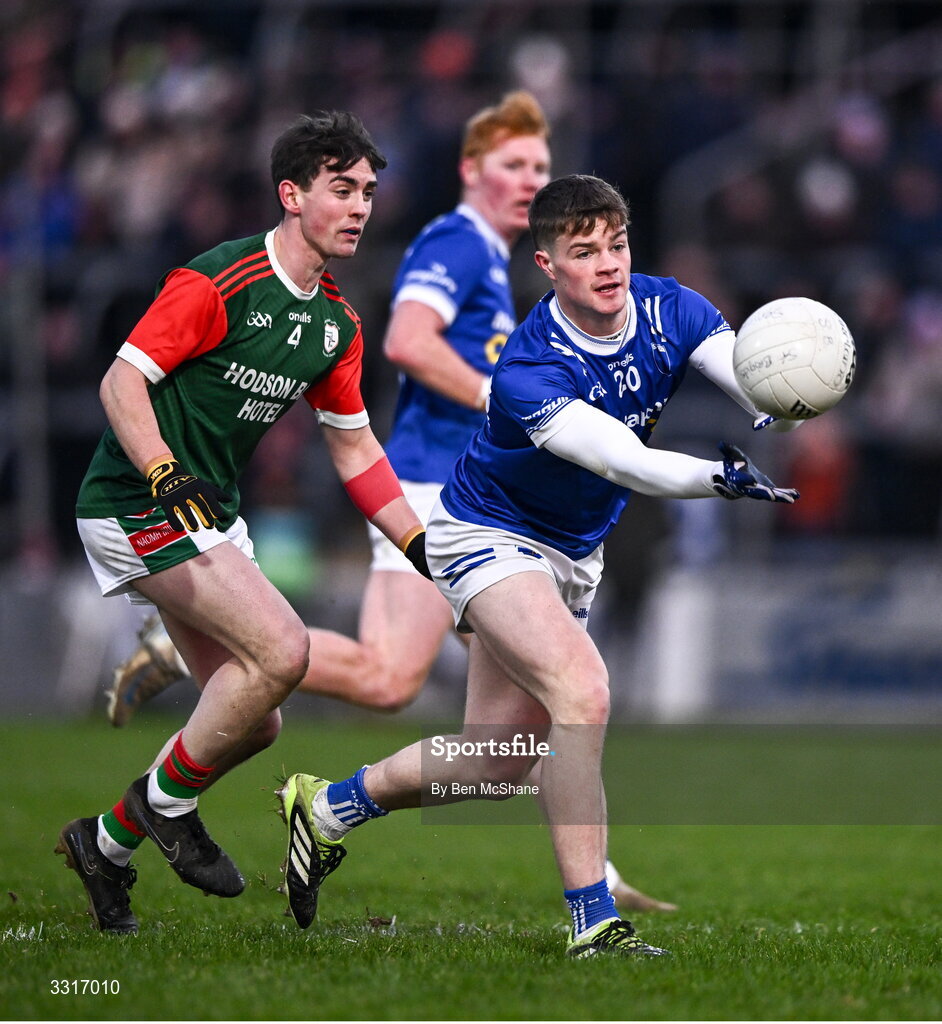 4 January 2026; Tommy Mallen of Scotstown and Robbie Dolan of St Brigid's during the AIB GAA Football All-Ireland Senior Club Championship semi-final match between between St Brigid's of Roscommon and Scotstown of Monaghan at Kingspan Breffni in Cavan. Photo by Ben McShane/Sportsfile