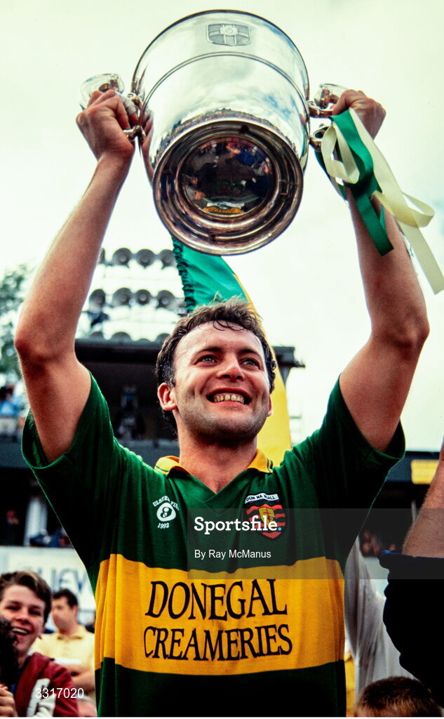 19 July 1992; Donegal captain Anthony Molloy lifts the Anglo-Celt Cup cup after their side's victory in the Ulster Senior Football Championship Final match between Donegal and Derry at St Tiernach's Park in Clones, Monaghan. Photo by Ray McManus/Sportsfile