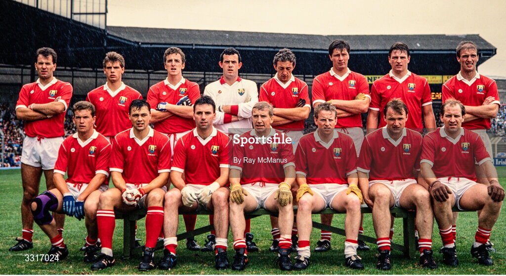20 August 1989; The Cork team, back, from left, Michael Slocum, John O'Driscoll, Barry Coffey, John Kerins, Conor Counihan, Shay Fahy, Stephen O'Brien and Larry Tompkins, with, front, from left, Paul McGrath, Tony Davis, Jimmy Kerrigan, Dinny Allen, John Cleary, Teddy McCarthy and Dave Barry before the All-Ireland Senior Football Championship Semi-Final match between Cork and Dublin at Croke Park in Dublin. Photo by Ray McManus/Sportsfile