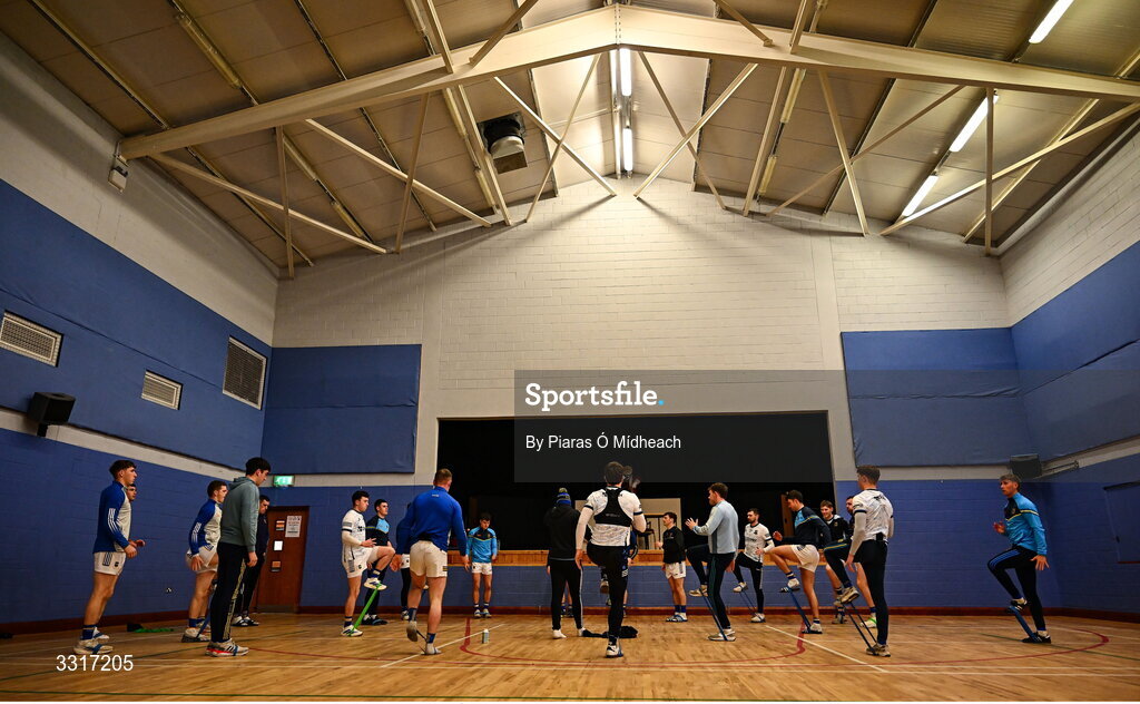 6 January 2026; The Tipperary squad warm-up in the hall before the McGrath Cup match between Tipperary and Cork at Cappawhite GAA Club in Tipperary. Photo by Piaras Ó Mídheach/Sportsfile
