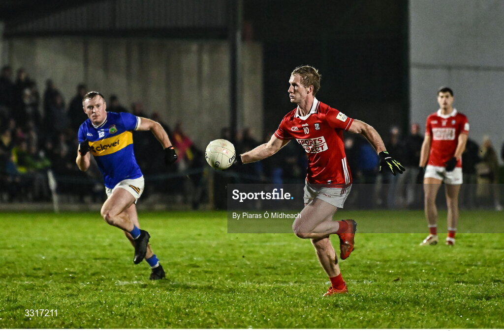 6 January 2026; Ruairí Deane of Cork in action against Niall Heffernan of Tipperary during the McGrath Cup match between Tipperary and Cork at Cappawhite GAA Club in Tipperary. Photo by Piaras Ó Mídheach/Sportsfile