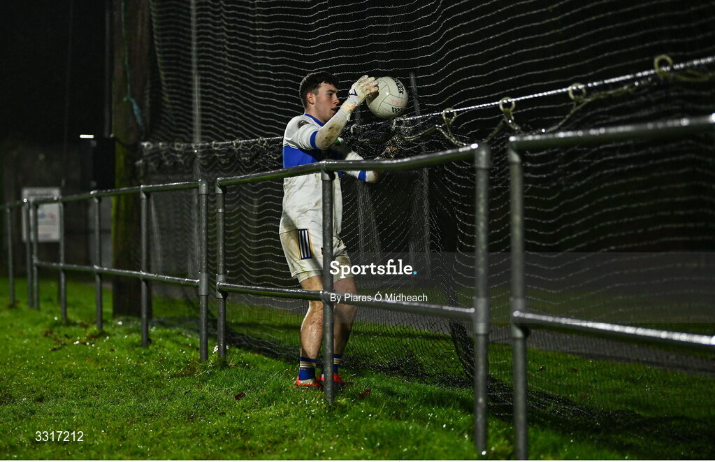 6 January 2026; Tipperary goalkeeper Robbie McGrath gets a ball out of the ballstopper for a kick-out during the McGrath Cup match between Tipperary and Cork at Cappawhite GAA Club in Tipperary. Photo by Piaras Ó Mídheach/Sportsfile