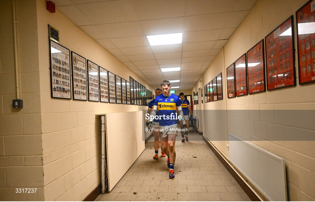 6 January 2026; Paudie Feehan of Tipperary leads his team-mates to the pitch for the second half of the McGrath Cup match between Tipperary and Cork at Cappawhite GAA Club in Tipperary. Photo by Piaras Ó Mídheach/Sportsfile