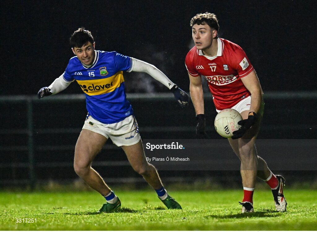 6 January 2026; Daniel O'Mahony of Cork in action against Michael Barlow of Tipperary during the McGrath Cup match between Tipperary and Cork at Cappawhite GAA Club in Tipperary. Photo by Piaras Ó Mídheach/Sportsfile