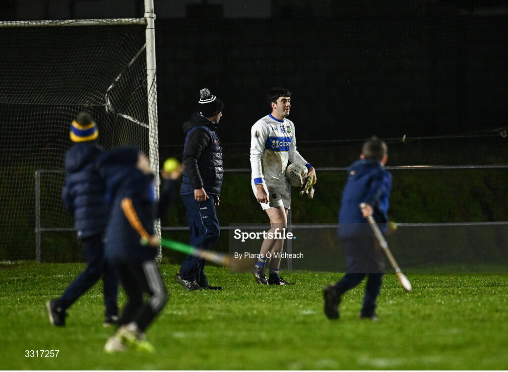 6 January 2026; Tipperary goalkeeper Shane Ryan leaves his goal after the match as young hurlers race to take it over after the McGrath Cup match between Tipperary and Cork at Cappawhite GAA Club in Tipperary. Photo by Piaras Ó Mídheach/Sportsfile