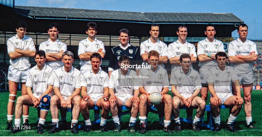 5 May 1991; Kildare team, back, from left, Martin Lynch, Jarlath Gilroy, Sean McGovern, Niall Connelly, Bill Sex, Davy Dalton, Paul McLoughlin and Paddy O'Donoghue, with, front, from left, Glen Ryan, John Crofton, Seamus Dowling, Johnny McDonnell, Darragh McKevitt, Declan Kerrigan and Tom Harris before the Royal Liver National Football League Final match between Dublin and Kildare at Croke Park in Dublin. Photo by Ray McManus/Sportsfile