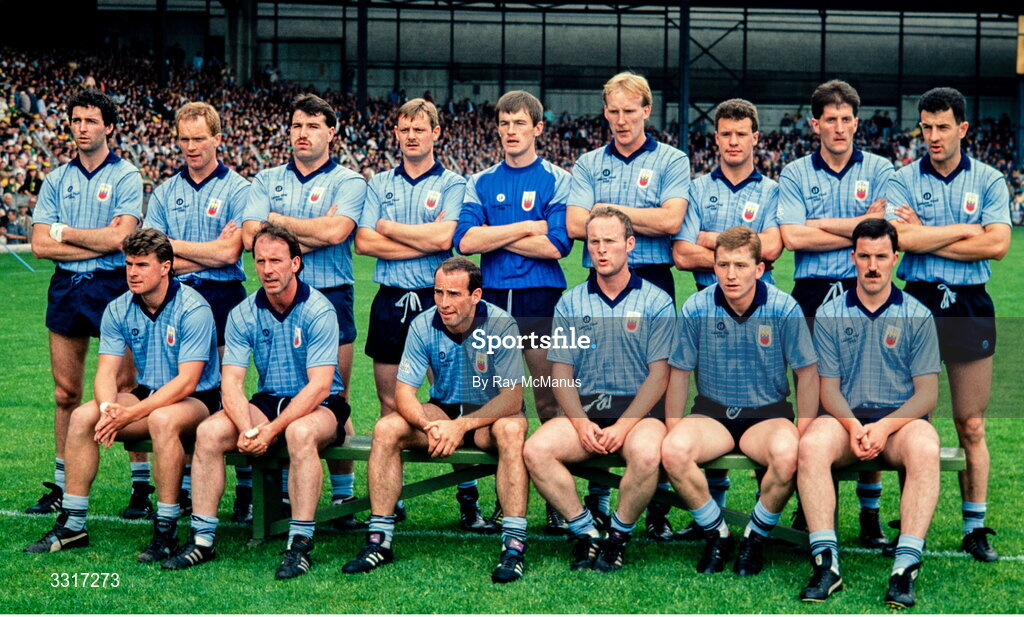 31 July 1988; Dublin team, back, from left, Tommy Conroy, Barney Rock, Joe McNally, David Carroll, John O'Leary, Declan Bolger, Vincent Murphy, Mick Galvin and Gerry Hargan, with, front, from left, Charlie Redmond, Mick Kennedy, Tommy Carr, Noel McCaffrey, Eamonn Heary and Dave Synnott before the Leinster Senior Football Championship Final match between Dublin and Meath at Croke Park in Dublin. Photo by Ray McManus/Sportsfile