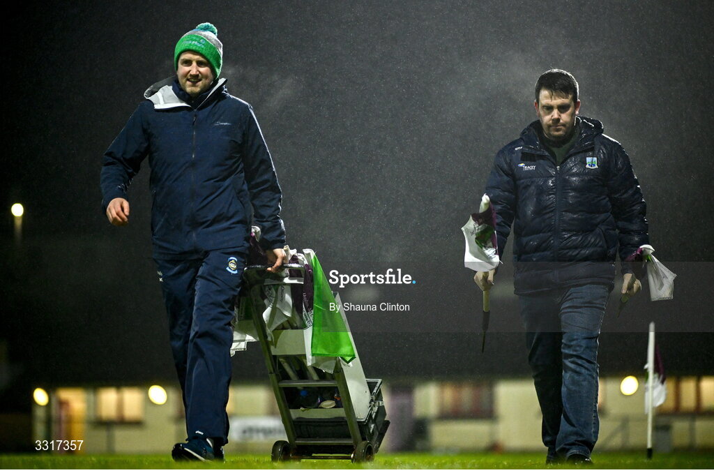 7 January 2026; Tempo Maguires GAC chairmen Phil Flanagan, left, and Niall McElroy set out the corner flags before the Bank of Ireland Dr McKenna Cup match between Fermanagh and Cavan at St Patrick's Park in Tempo, Fermanagh. Photo by Shauna Clinton/Sportsfile