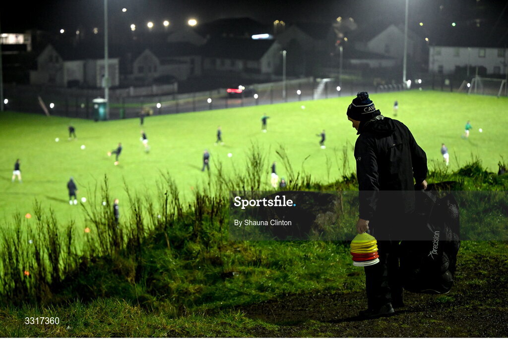 7 January 2026; The Cavan squad make their way down to the warm-up pitch before the Bank of Ireland Dr McKenna Cup match between Fermanagh and Cavan at St Patrick's Park in Tempo, Fermanagh. Photo by Shauna Clinton/Sportsfile