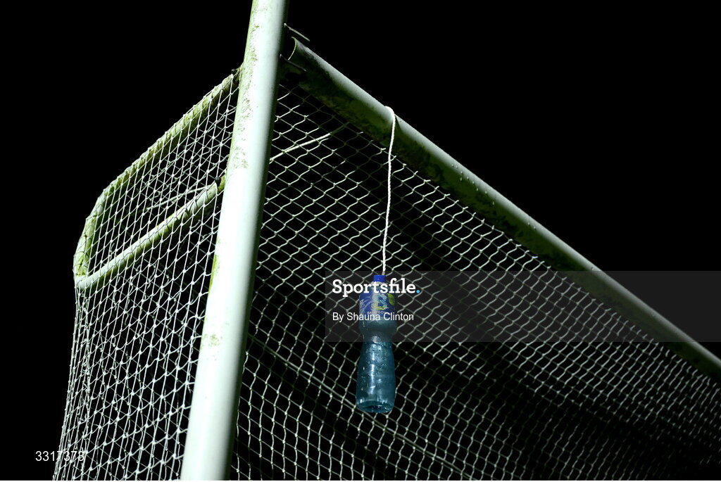 7 January 2026; A water bottle is seen hanging from the goal post before the Bank of Ireland Dr McKenna Cup match between Fermanagh and Cavan at St Patrick's Park in Tempo, Fermanagh. Photo by Shauna Clinton/Sportsfile