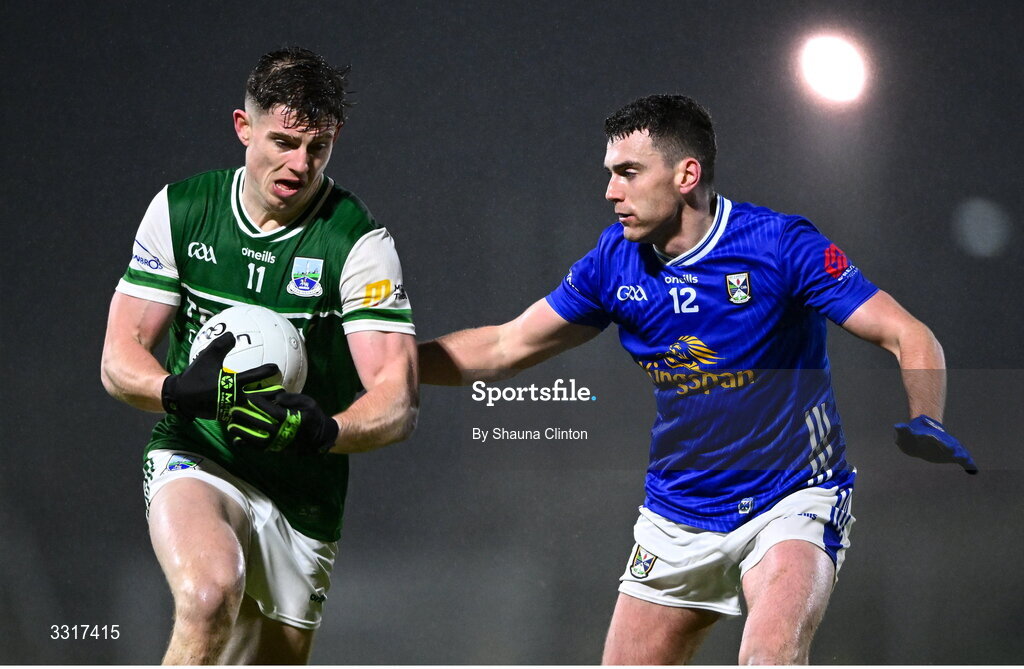7 January 2026; Darragh McGurn of Fermanagh is tackled by Peter Corrigan of Cavan during the Bank of Ireland Dr McKenna Cup match between Fermanagh and Cavan at St Patrick's Park in Tempo, Fermanagh. Photo by Shauna Clinton/Sportsfile